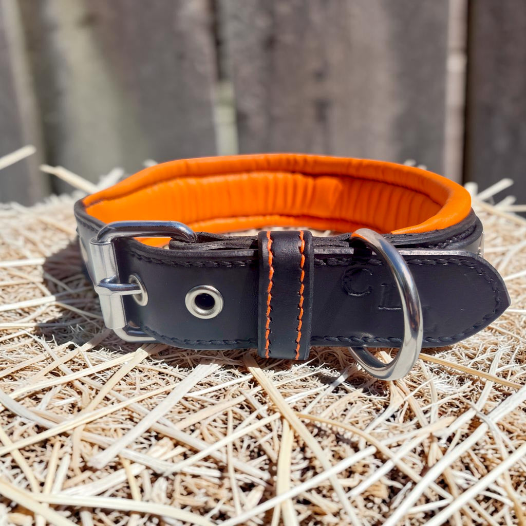 Collier Prestige - Cuir Noir - Doublure Orange - Etoiles - Taille L (43-53 cm) - Fait Main