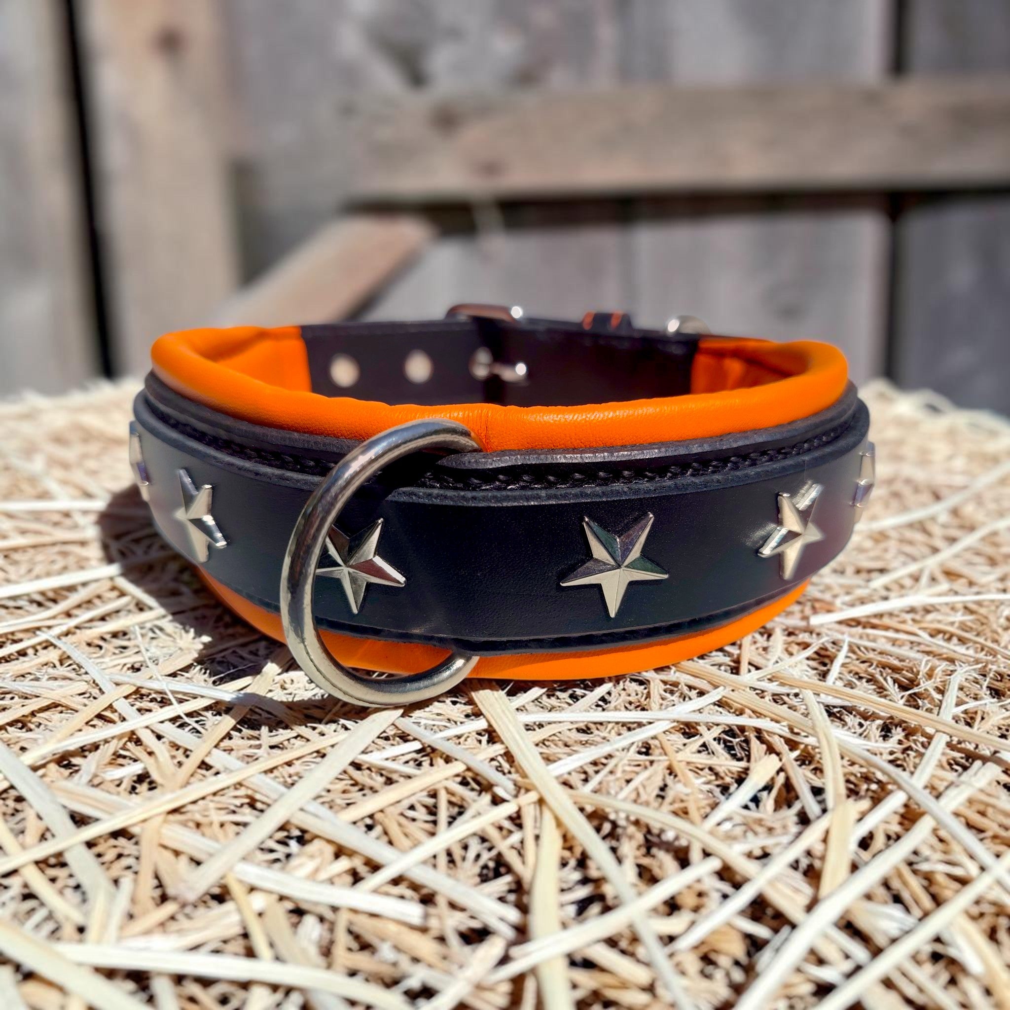 Collier Prestige - Cuir Noir - Doublure Orange - Etoiles - Taille L (43-53 cm) - Fait Main